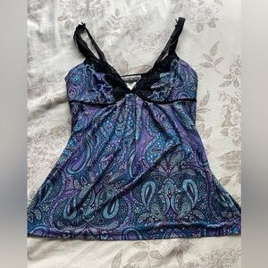 Y2K Blue Paisley Black Lace Trim Babydoll Cami Small Lizzie McGuire Bratz Boho